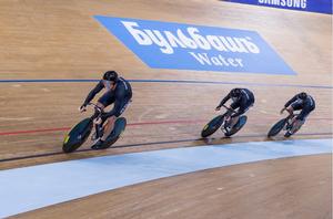 Starter Ethan Mitchell, Sam Webster and Eddie Dawkins in action at the start of the team sprint in Minsk today.